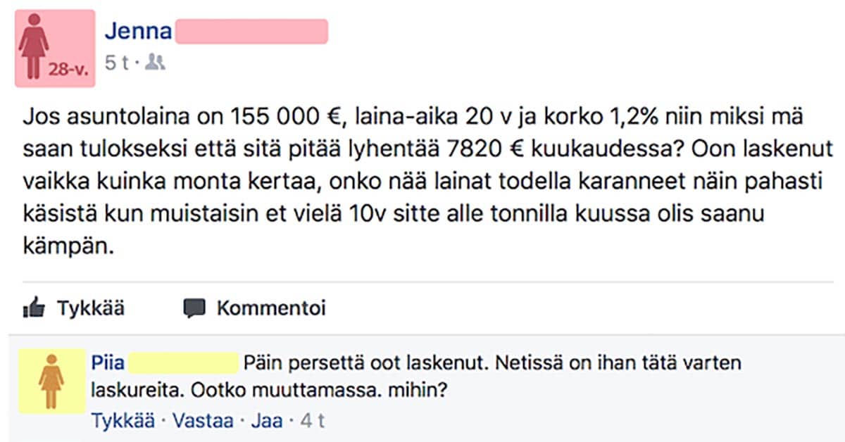FEISSARIMOKAT: Nainen suunnittelee lainan ottamista – laskutoimitus menee ihan pöpelikköön