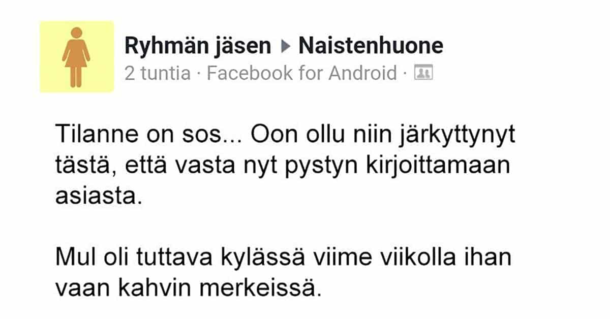 FEISSARIMOKAT: Nainen järkyttyy – tuttava ulostaa sohvalla ja lähtee