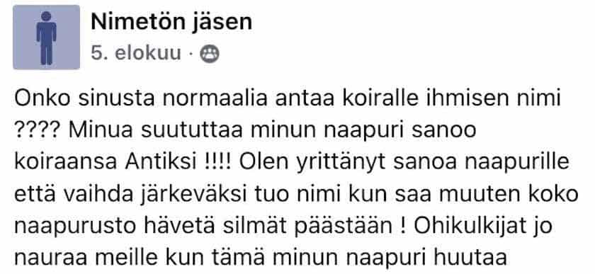 Mies tiedustelee onko koiralle normaalia antaa ihmisen nimi