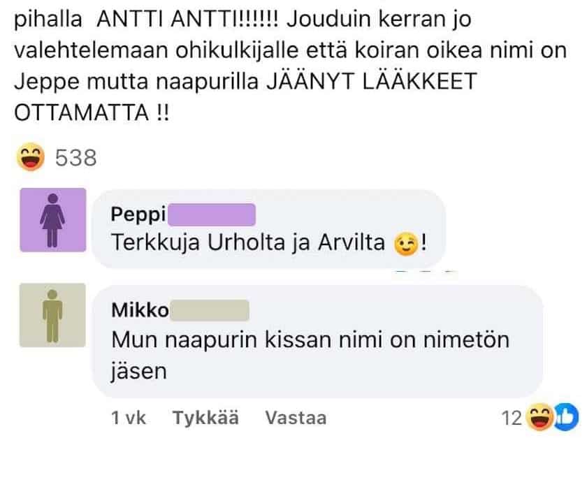 Mies tiedustelee onko koiralle normaalia antaa ihmisen nimi