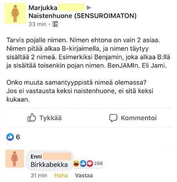Marjukka pyytää lapselleen nimiehdotuksia erikoisin ehdoin