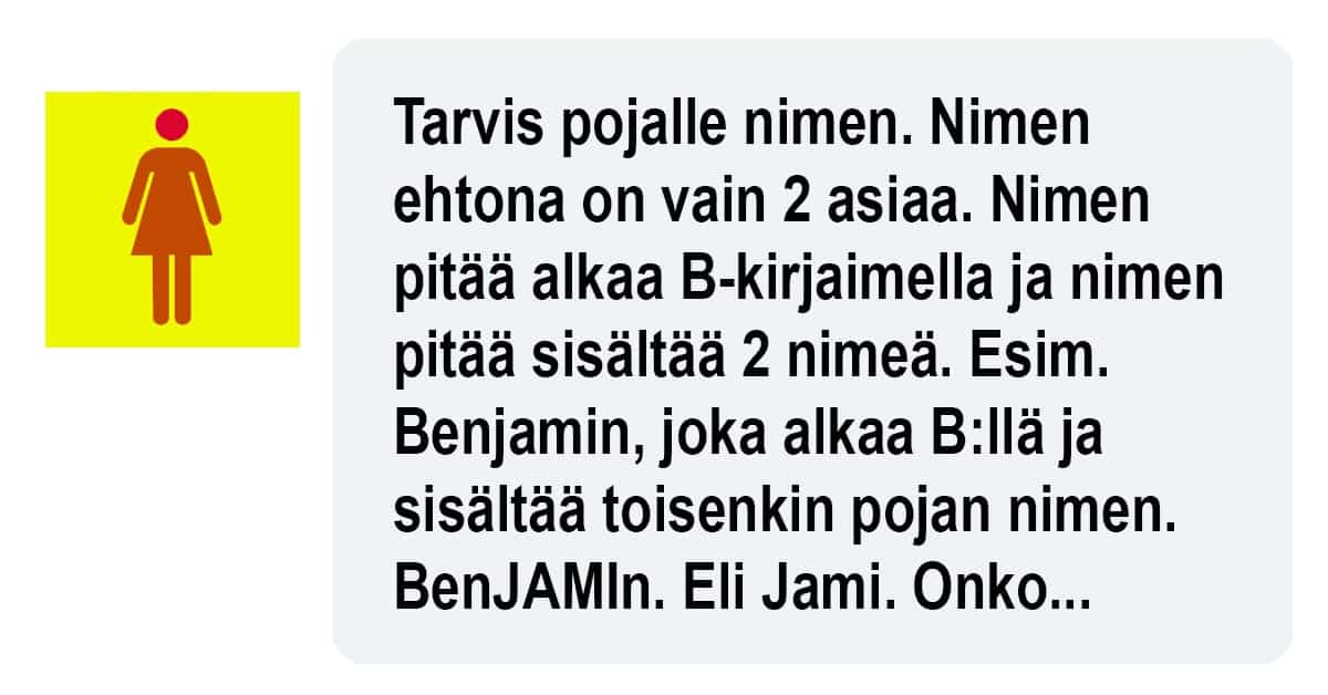 Marjukka pyytää lapselleen nimiehdotuksia erikoisin ehdoin