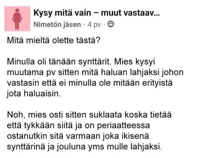 Miehen ostama suklaa saa naisen raivostumaan – lihominen jatkuu