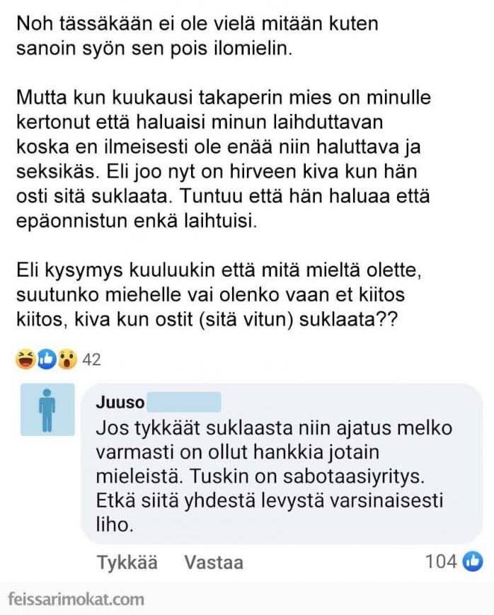 Miehen ostama suklaa saa naisen raivostumaan – lihominen jatkuu